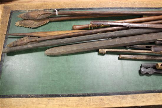 A collection of Sepik River tribal clubs, spears and spear throwers